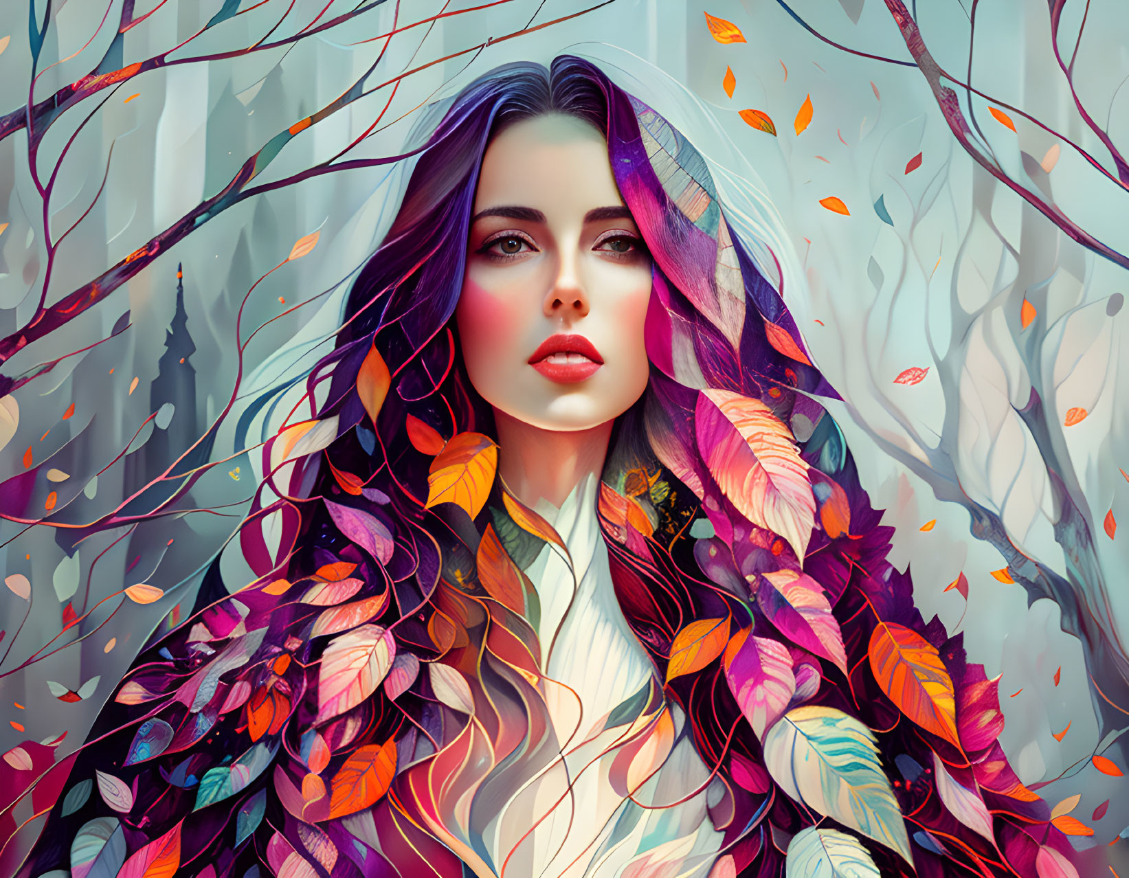 Portrait of Woman with Purple Hair and Autumn Leaves in Silhouette Forest