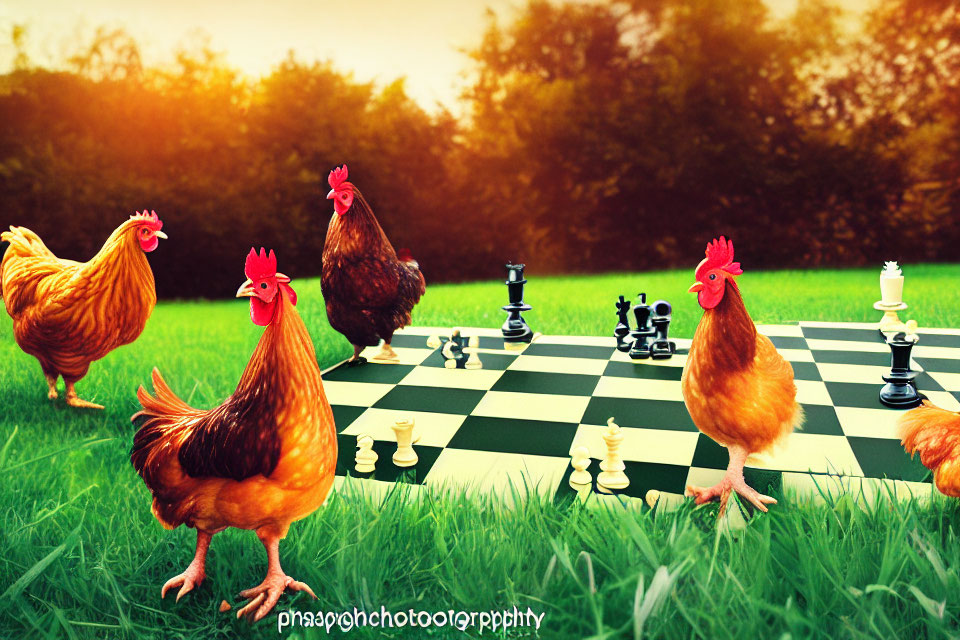 Chickens on grassy field with chessboard and pieces under sunlight