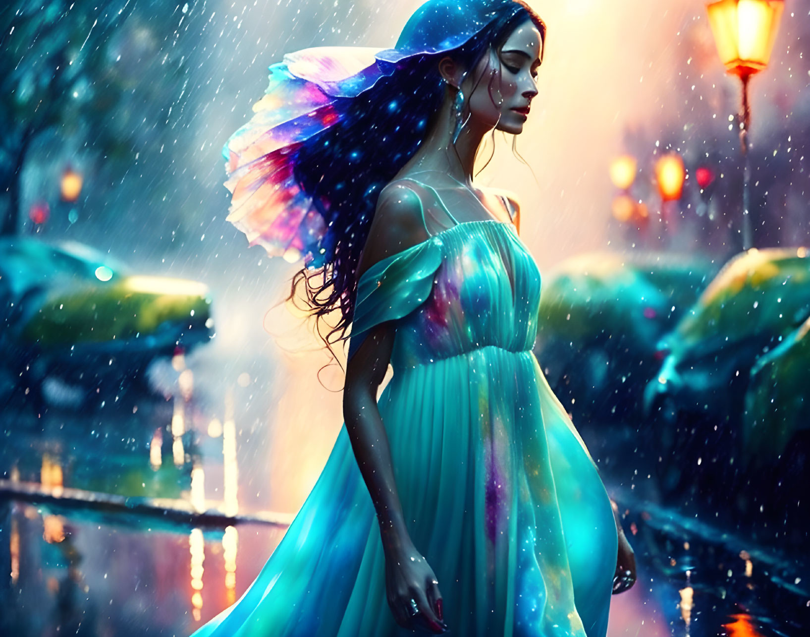 Woman with colorful nebula hair effect in flowing blue dress on rain-drenched street at dusk