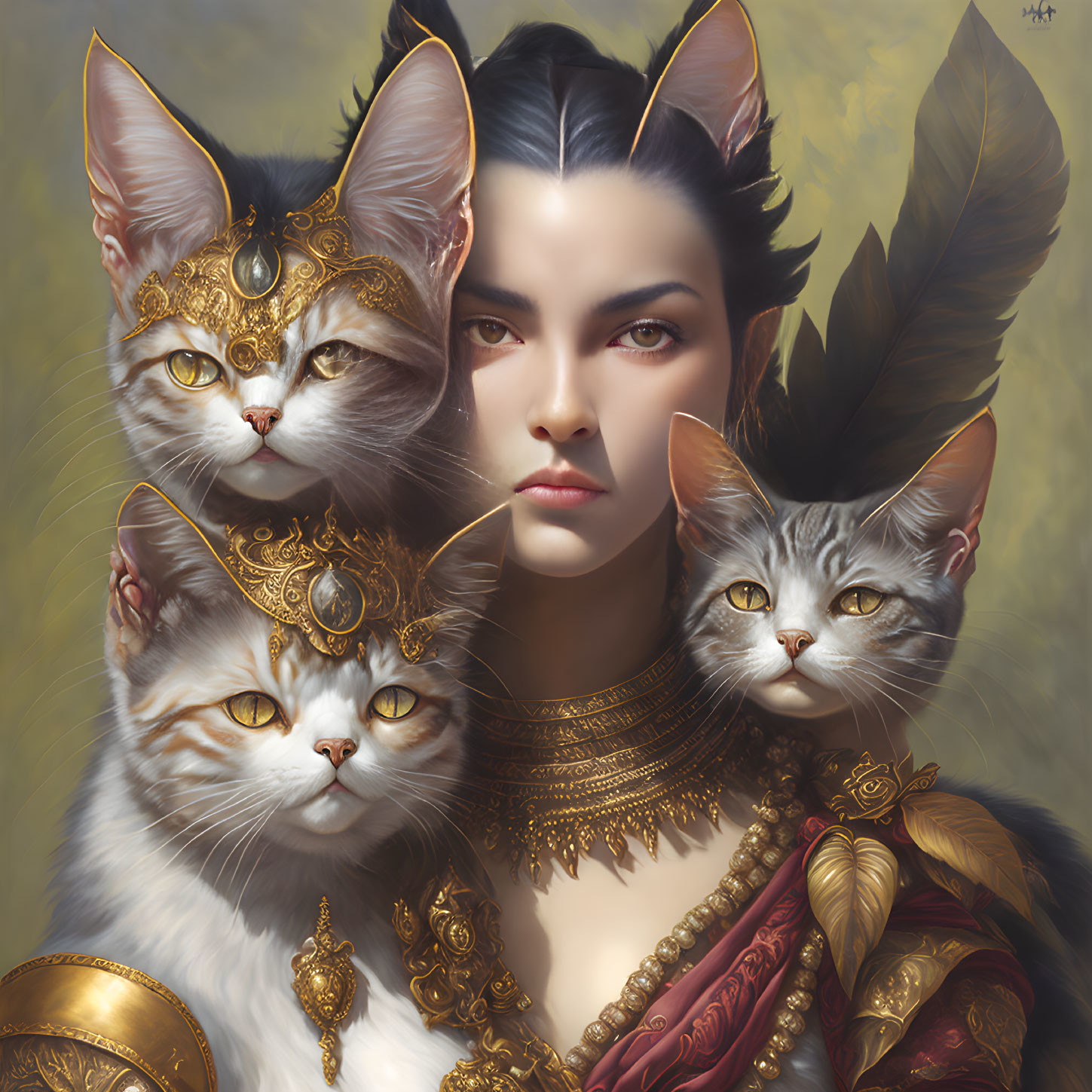 Dark-Haired Woman with Three Cats in Golden Jewelry on Yellow Background