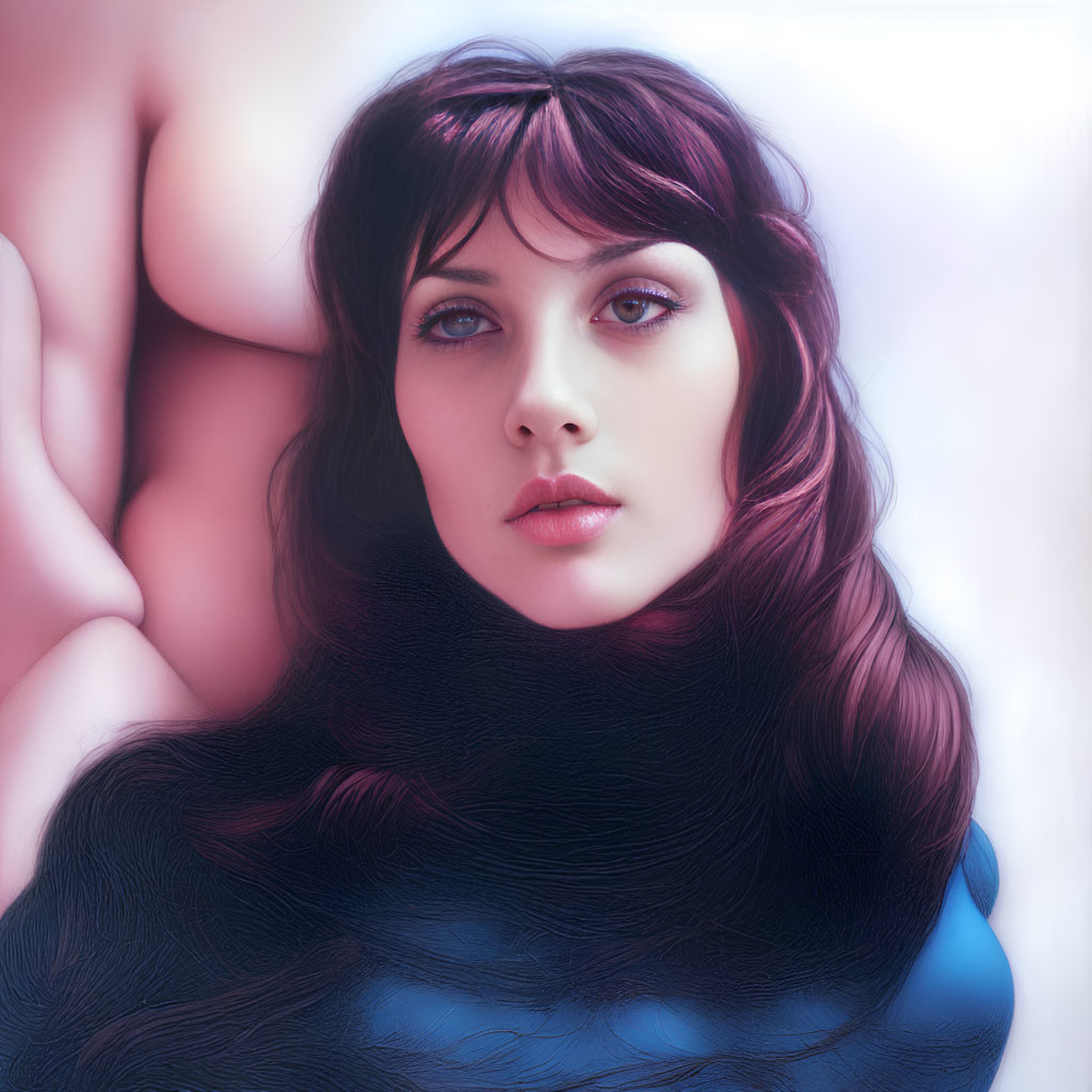 Digital painting of woman with deep blue eyes, dark hair, fair skin