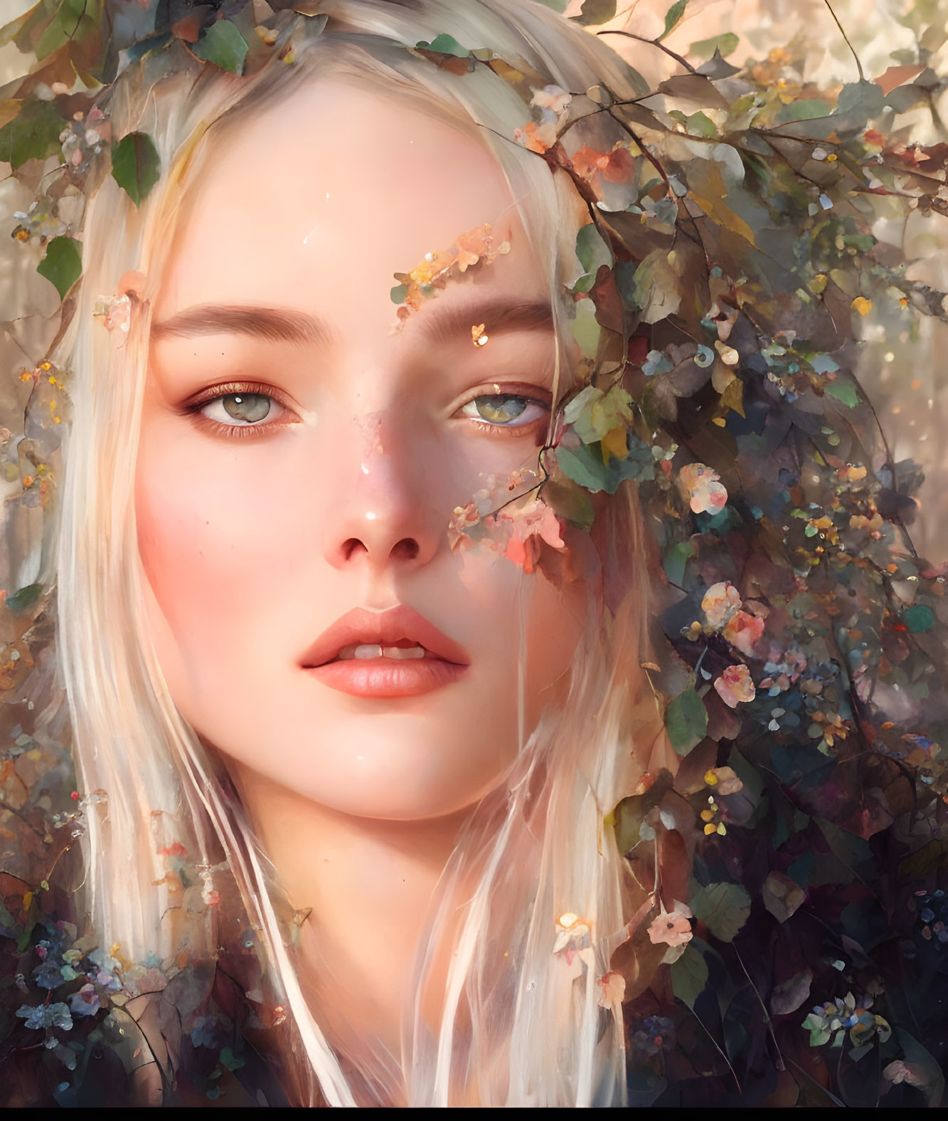 Blonde Woman Portrait Surrounded by Flowers and Leaves