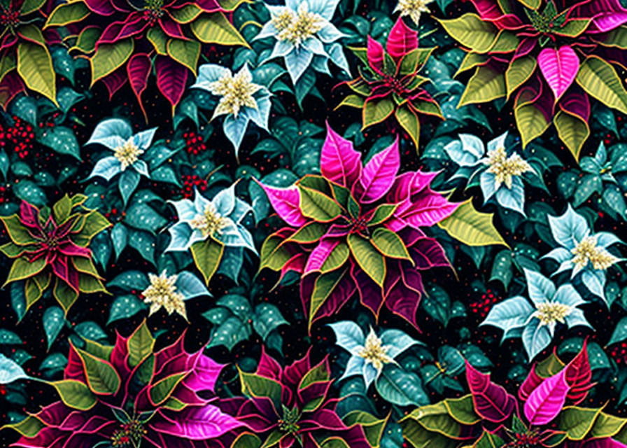 Colorful Poinsettias Pattern in Pink, Red, and White