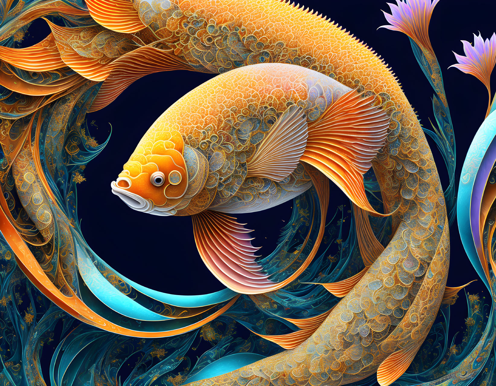 Colorful digital artwork: Ornate orange koi fish on blue background