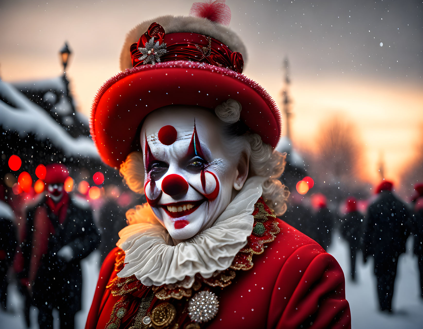 Colorful clown with white face paint and red nose in snowy evening crowd.