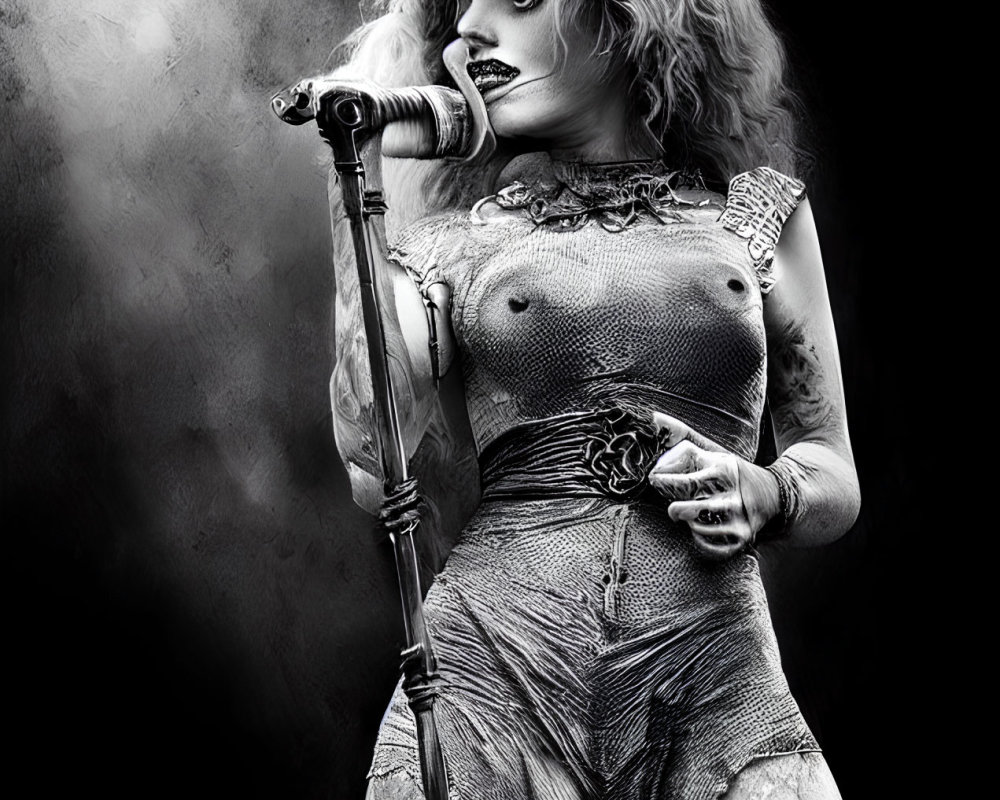 Monochrome image of woman with curly hair holding microphone in vintage-style dress