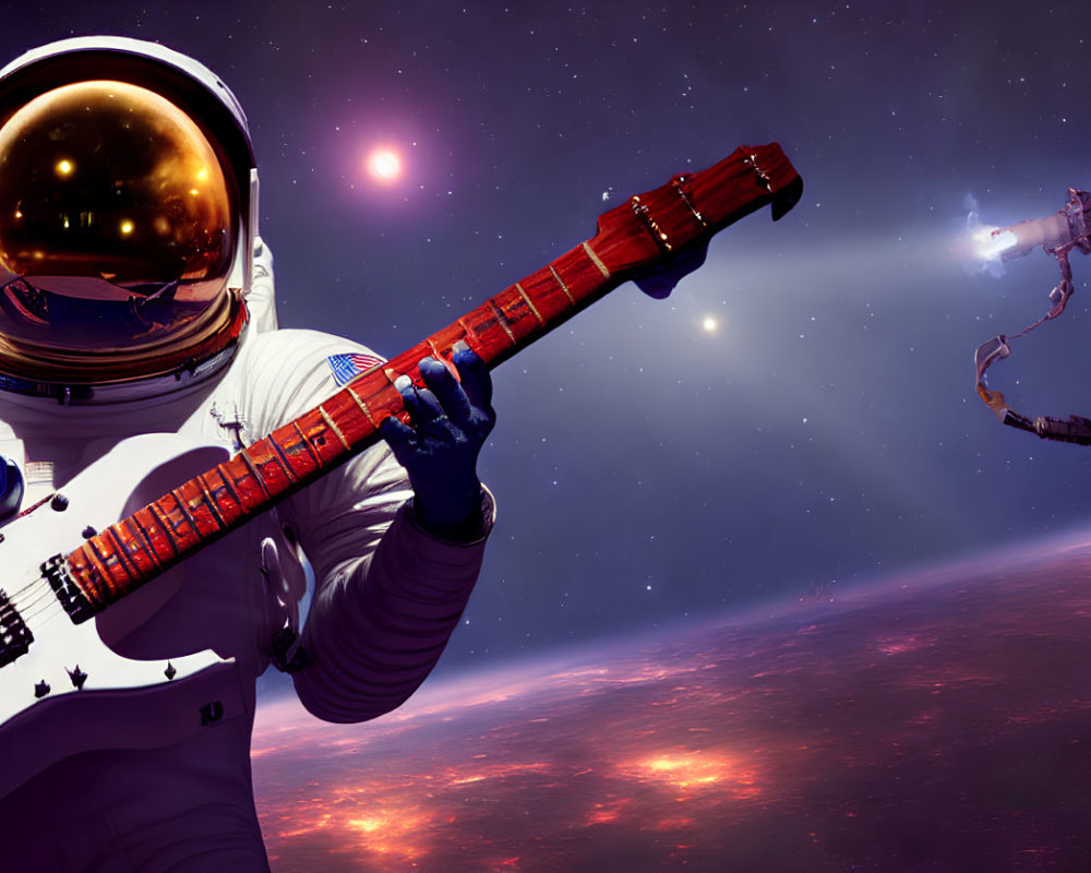 Golden-helmeted astronaut plays red guitar in space with stars and galaxy in background.