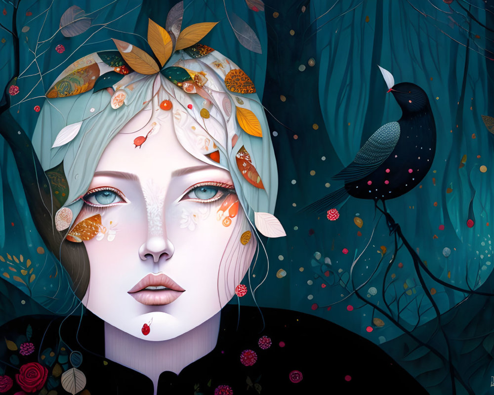 Stylized illustration of woman with leaves and bird in dark foliage