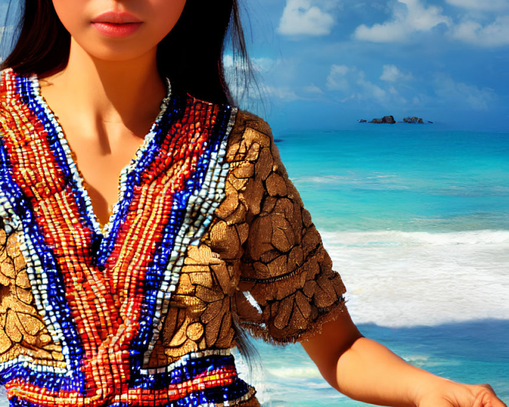 Colorful beaded top woman on sunny beach with turquoise sea