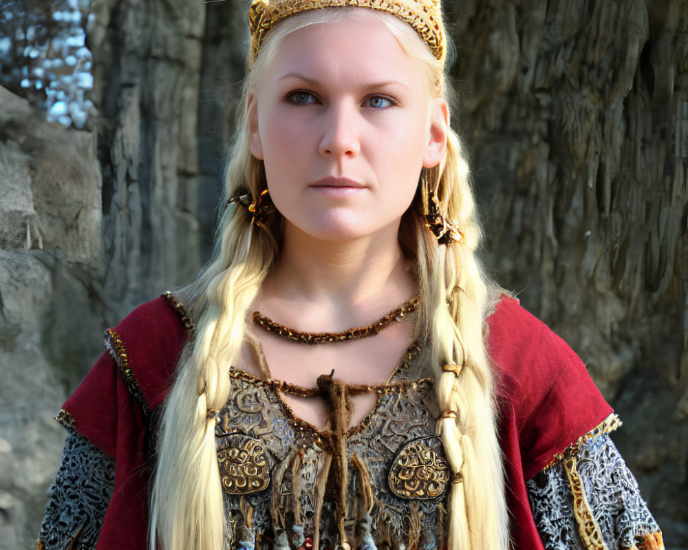 Medieval woman in crown and jewelry with braided hair standing by rocks