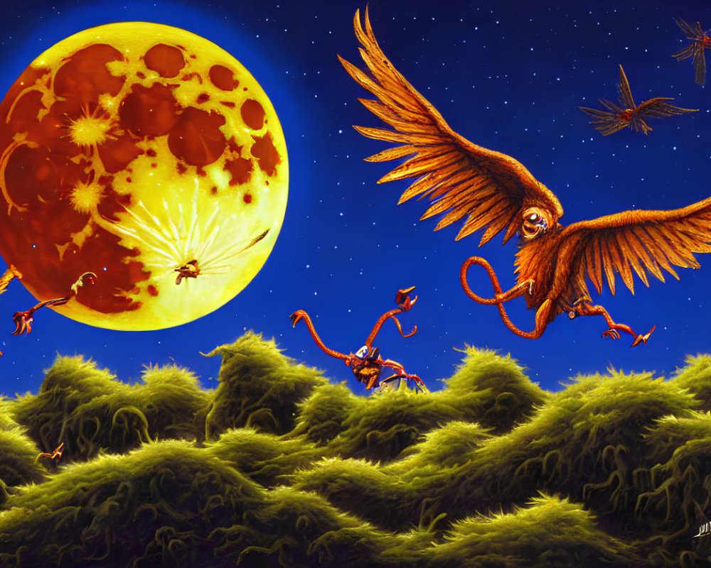 Fantasy scene with yellow moon, dinosaur-like creatures, and mossy terrain.