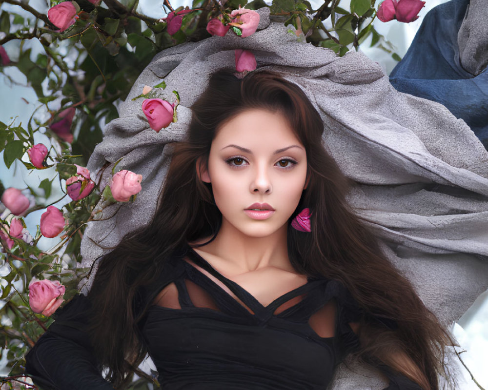 Long-haired woman reclines under pink rose canopy against cloudy sky.