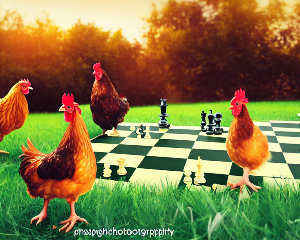 Chickens on grassy field with chessboard and pieces under sunlight