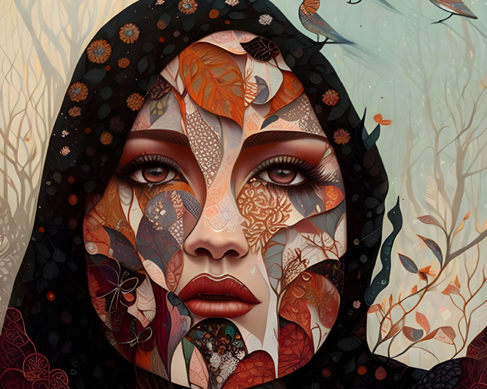 Illustration: Woman's face merges with nature elements like autumn leaves, butterflies, and birds on neutral