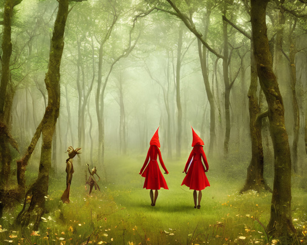 Misty green forest with figures in red cloaks and whimsical creature