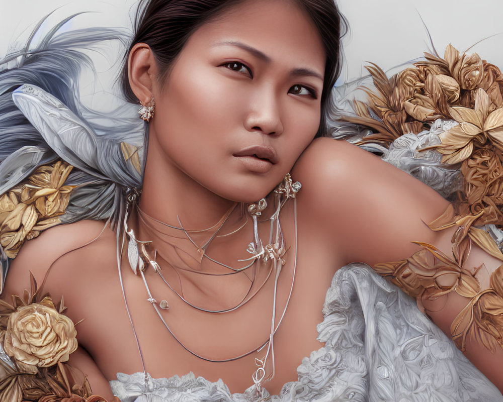 Woman adorned with delicate jewelry in golden flower and feather setting