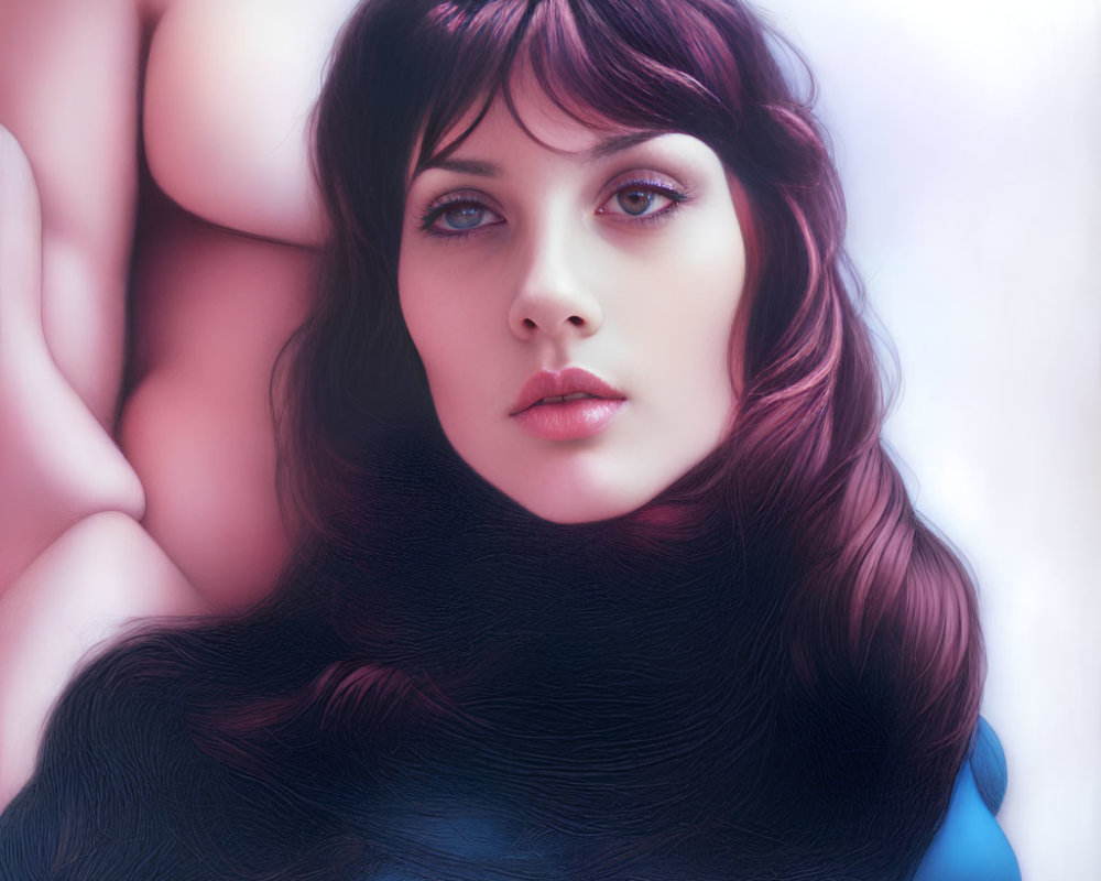 Digital painting of woman with deep blue eyes, dark hair, fair skin