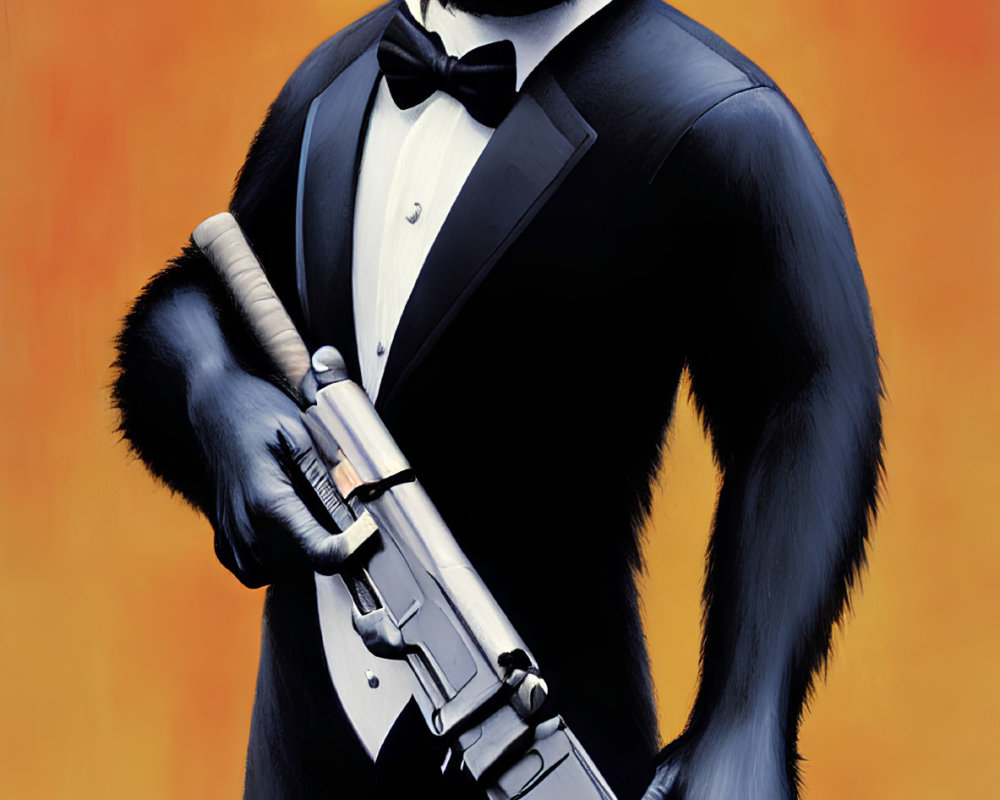 Chimpanzee in Black Tuxedo with Revolver on Orange Background