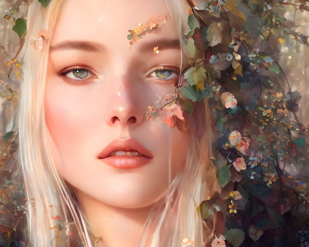 Blonde Woman Portrait Surrounded by Flowers and Leaves