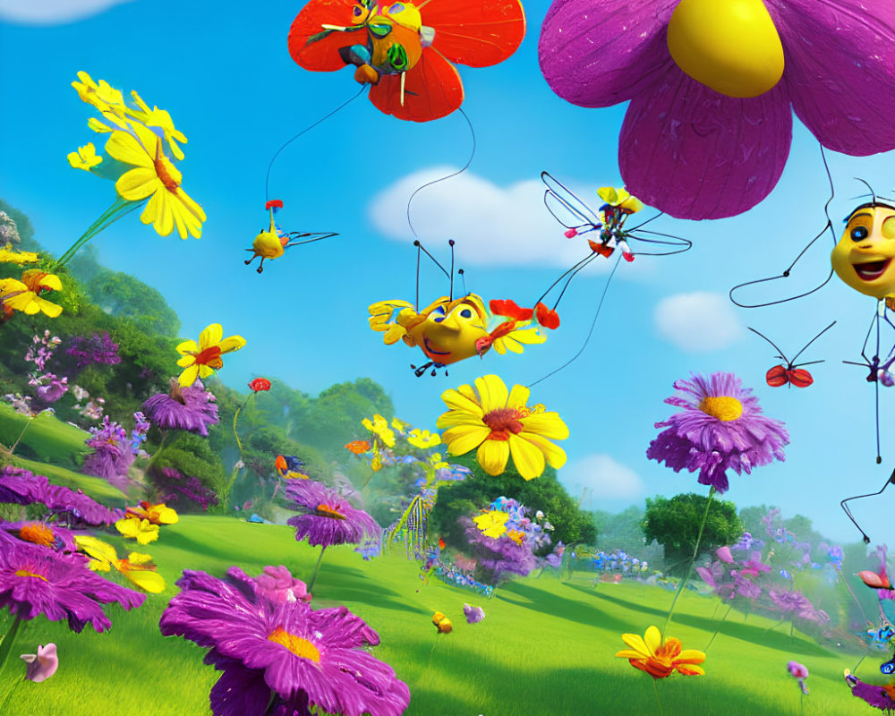 Colorful Animated Bees Among Vibrant Flowers