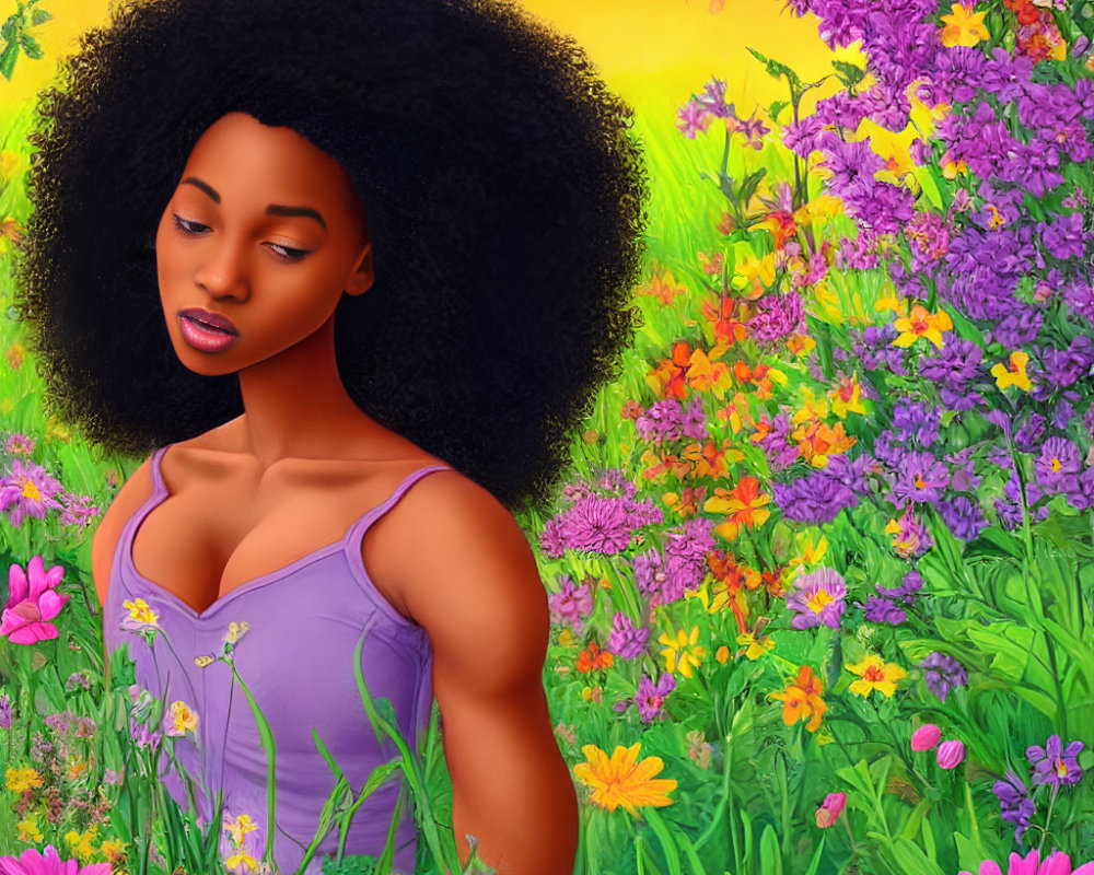 Illustrated woman with afro hair in vibrant floral setting at sunset