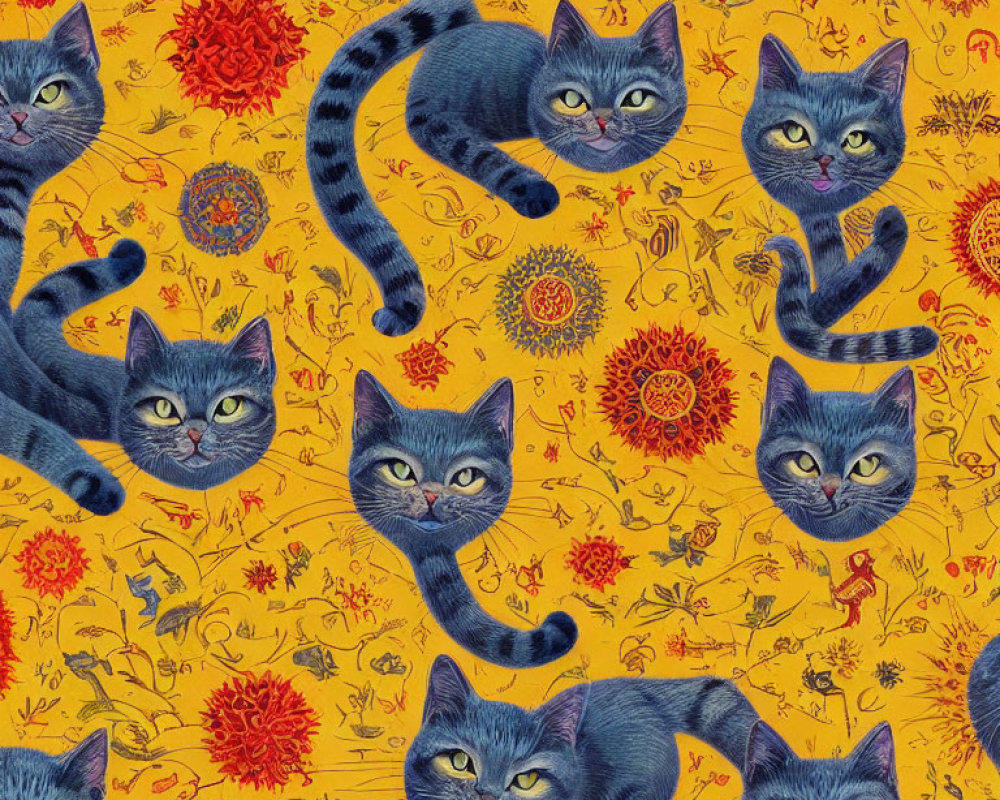 Colorful pattern of grey cats in various poses on bright yellow background