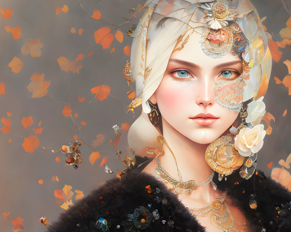 Digital illustration: Woman with blue eyes, ornate headscarf, intricate jewelry, golden leaves,