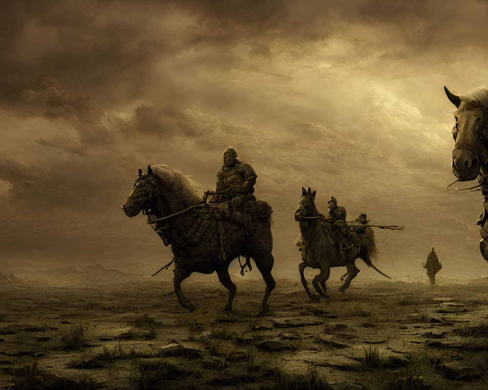 Horseback riders in dystopian landscape under stormy sky