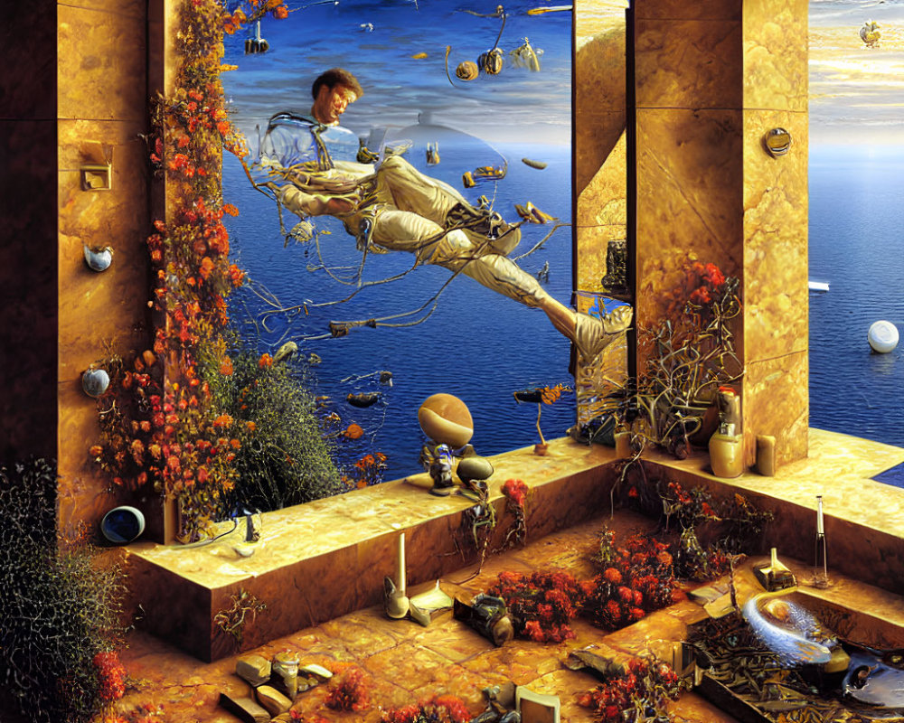 Surreal painting: Figure floating in arched doorways above water-filled room