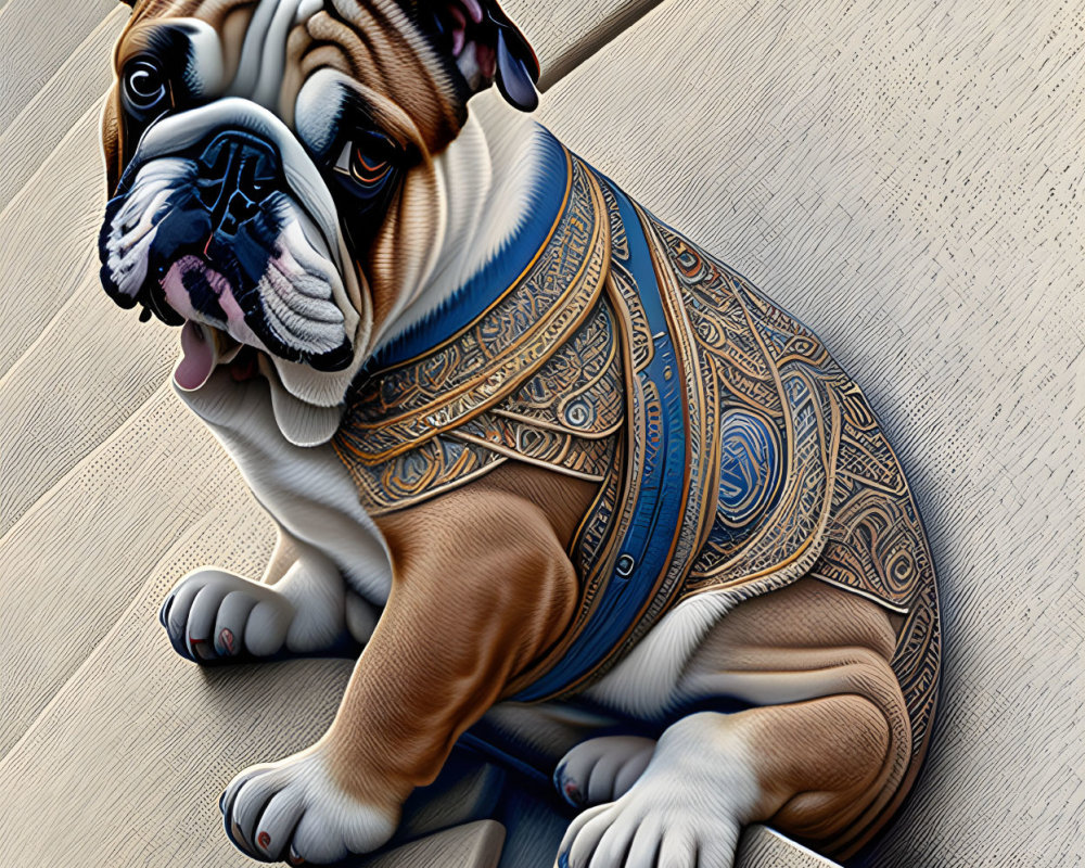 Stylized bulldog in decorated vest sitting on staircase with tongue out