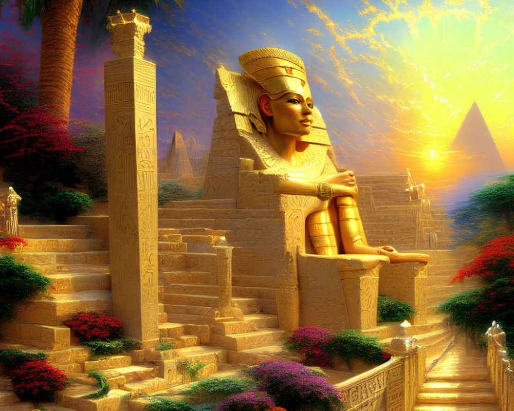 Egyptian scene with pharaoh statue, palm trees, pyramids, flowers, and sunset