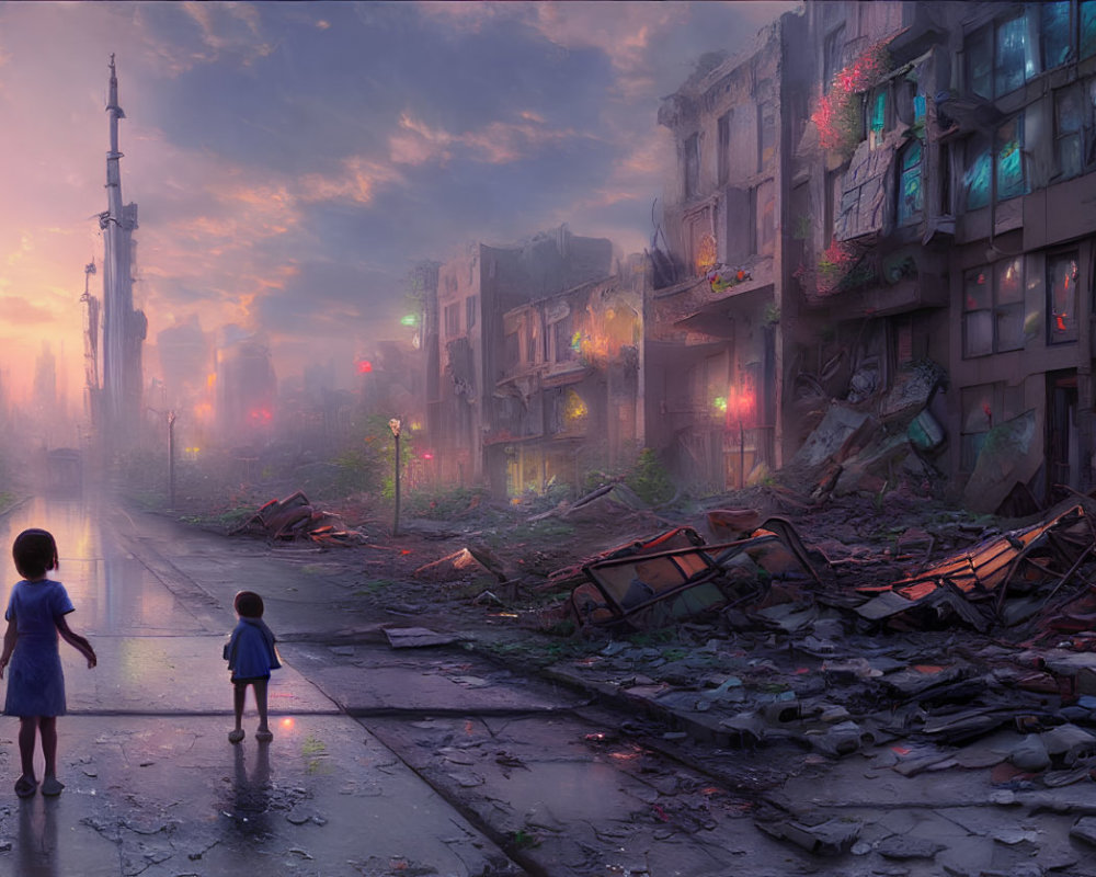 Children standing in desolate street at dusk among abandoned buildings.