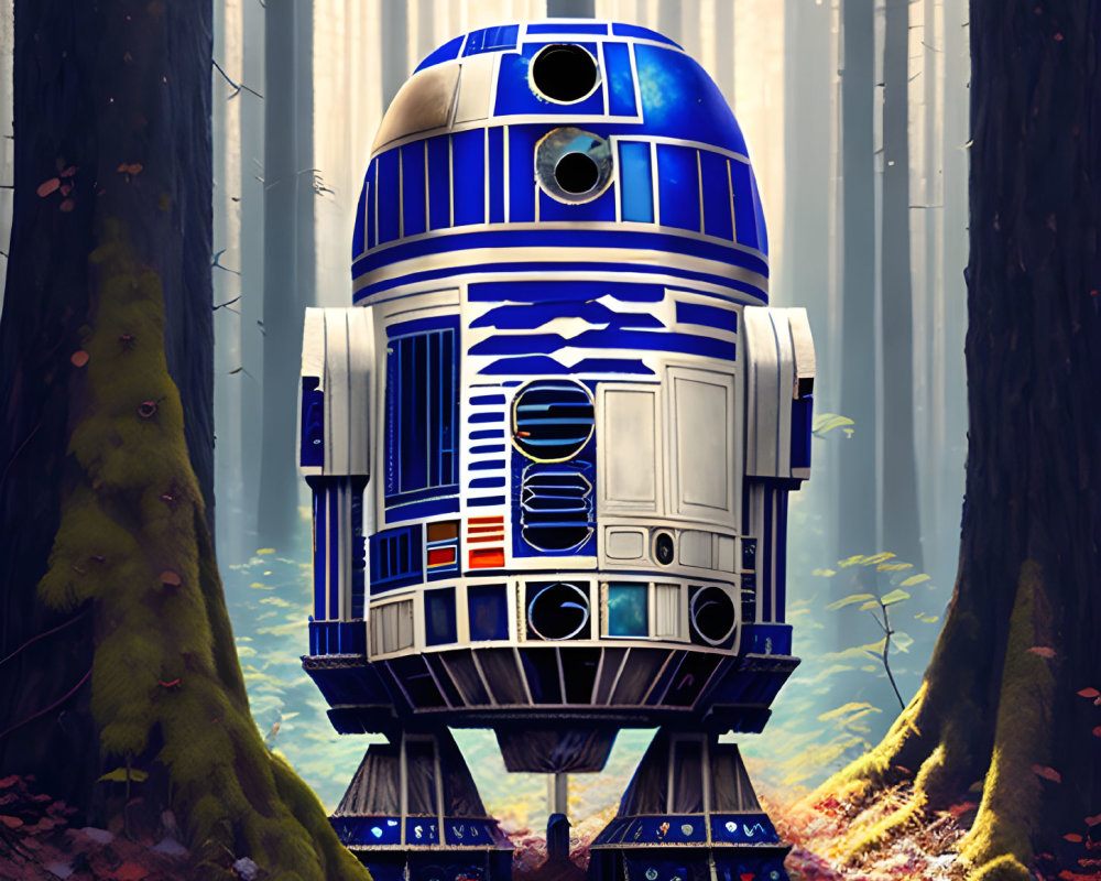 Digital illustration: R2-D2 in mystical forest with sunlight filtering through trees