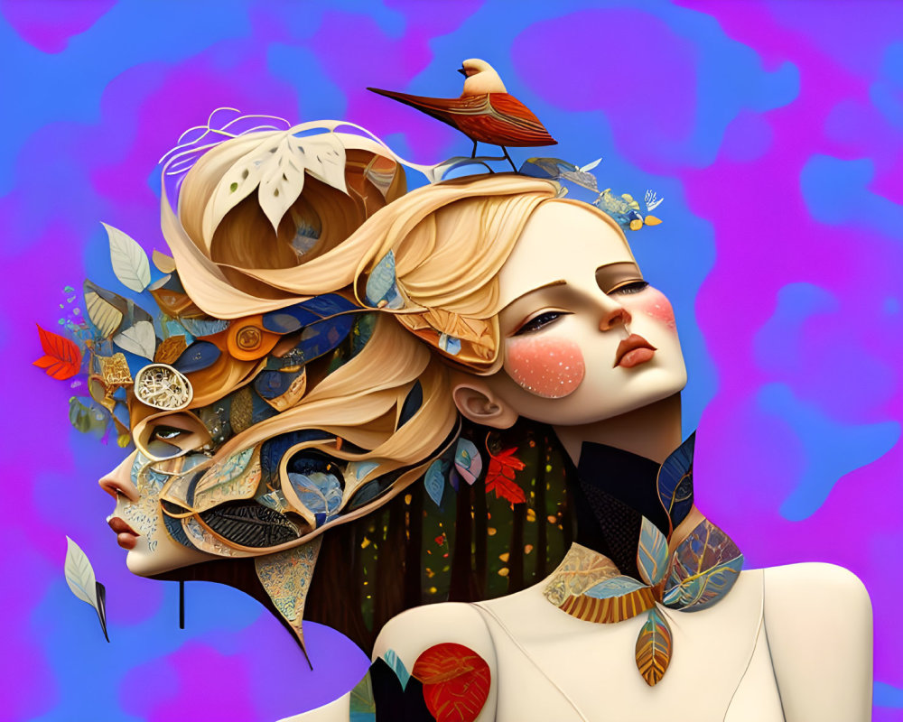 Stylized female portraits with ornate hair and nature accessories on pink and blue backdrop