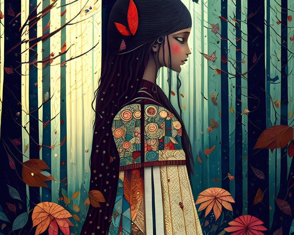 Stylized woman with red leaf in hair in fantastical forest illustration