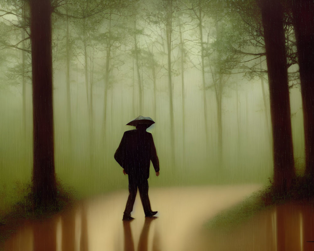 Silhouetted figure with umbrella in misty forest landscape