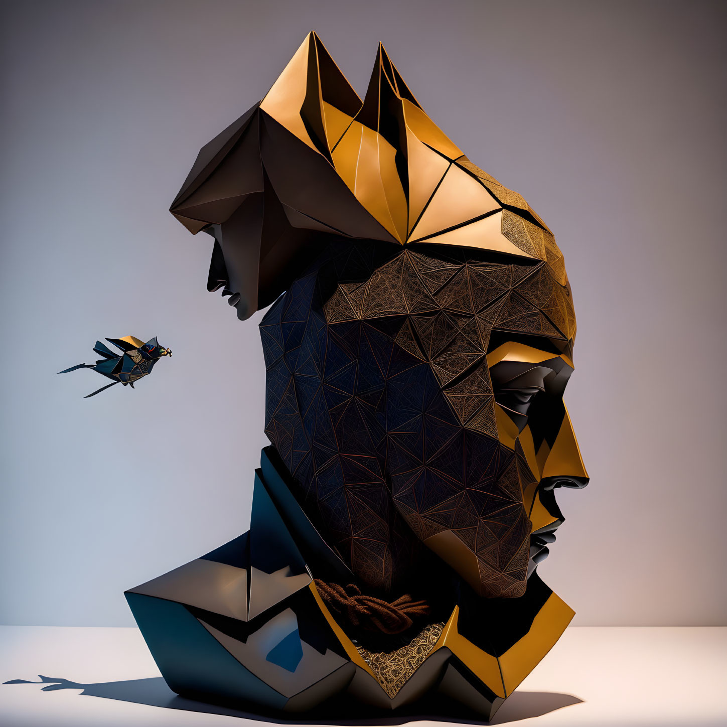 Stylized geometric lion's head with mechanical bird in 3D rendering