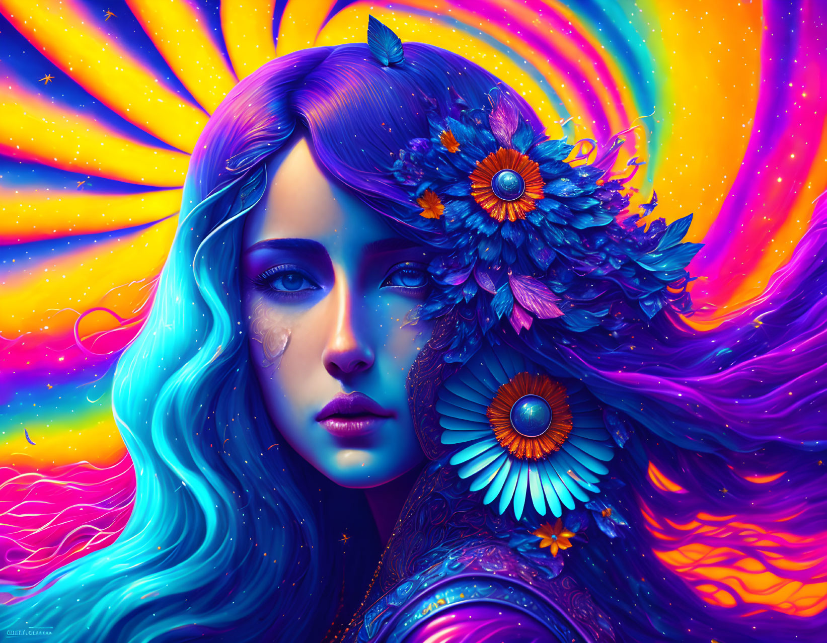 Colorful digital artwork of woman with blue hair and floral adornments in psychedelic setting