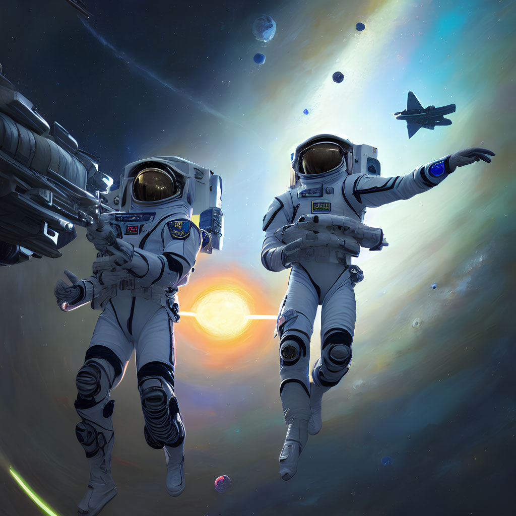 Astronauts floating near space station with sun, spacecraft, stars, and debris.