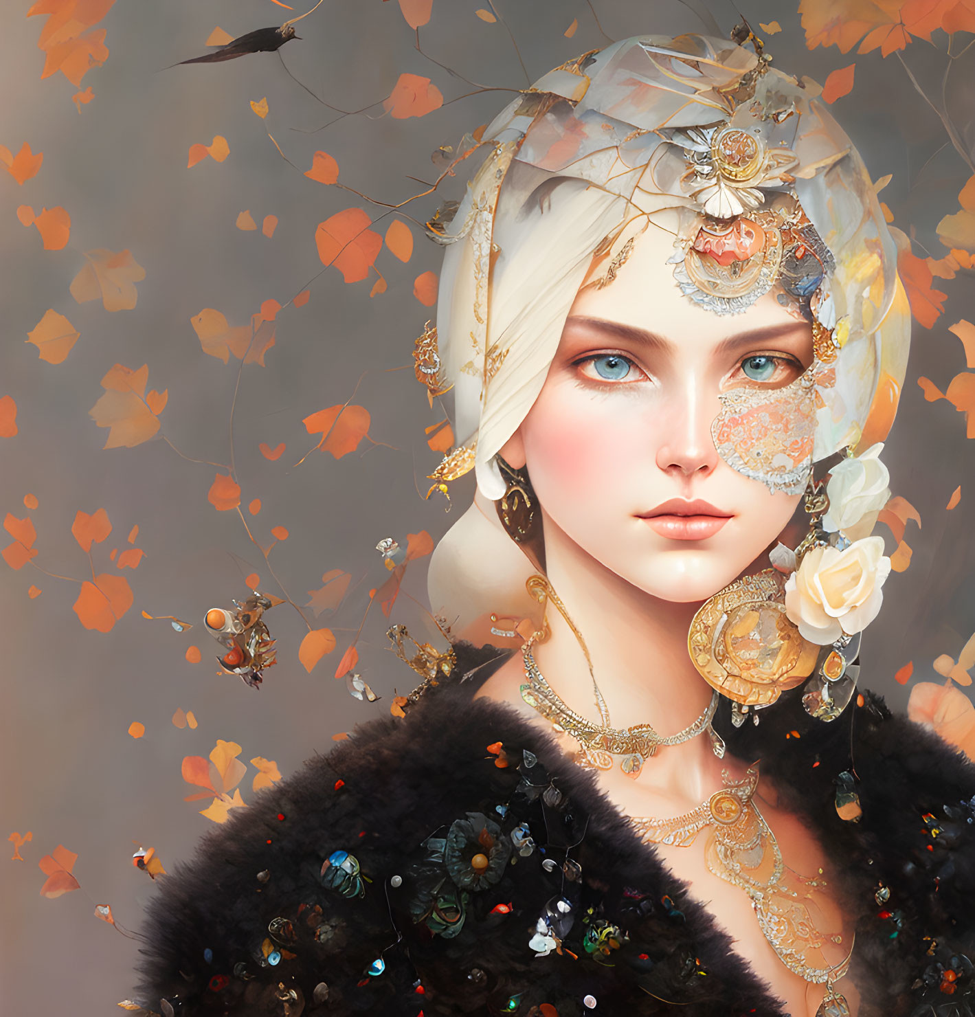 Digital illustration: Woman with blue eyes, ornate headscarf, intricate jewelry, golden leaves,