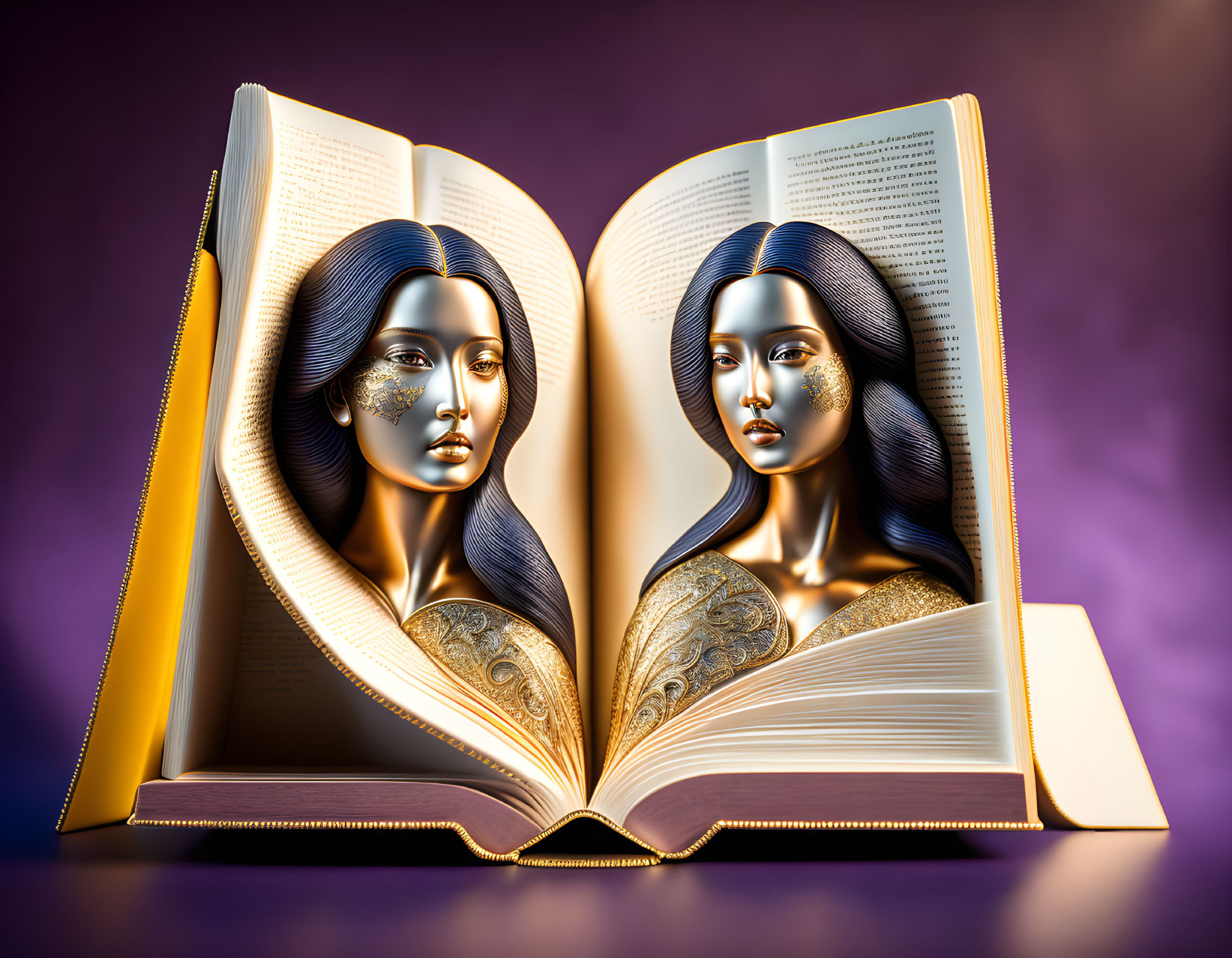 Open book showcasing 3D metallic faces of two women on purple backdrop