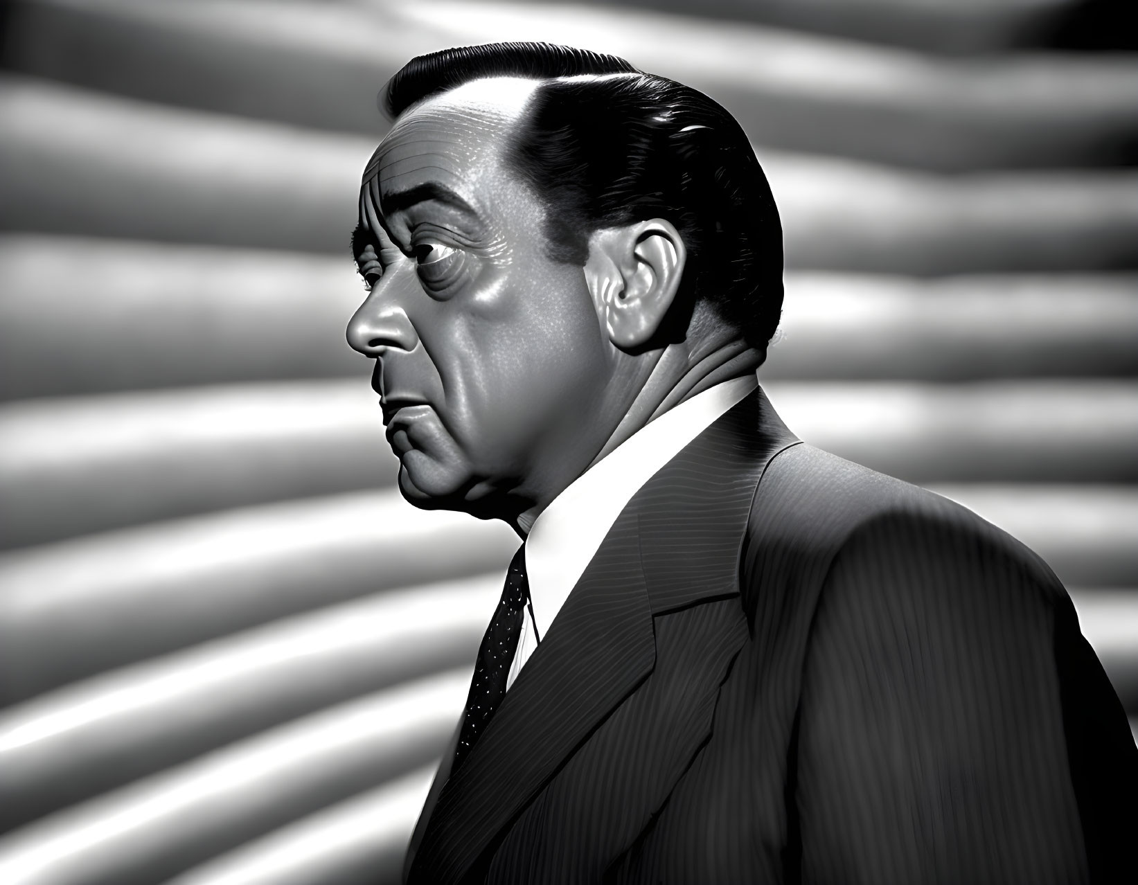 Monochromatic 3D profile illustration of a man in suit with striped background.