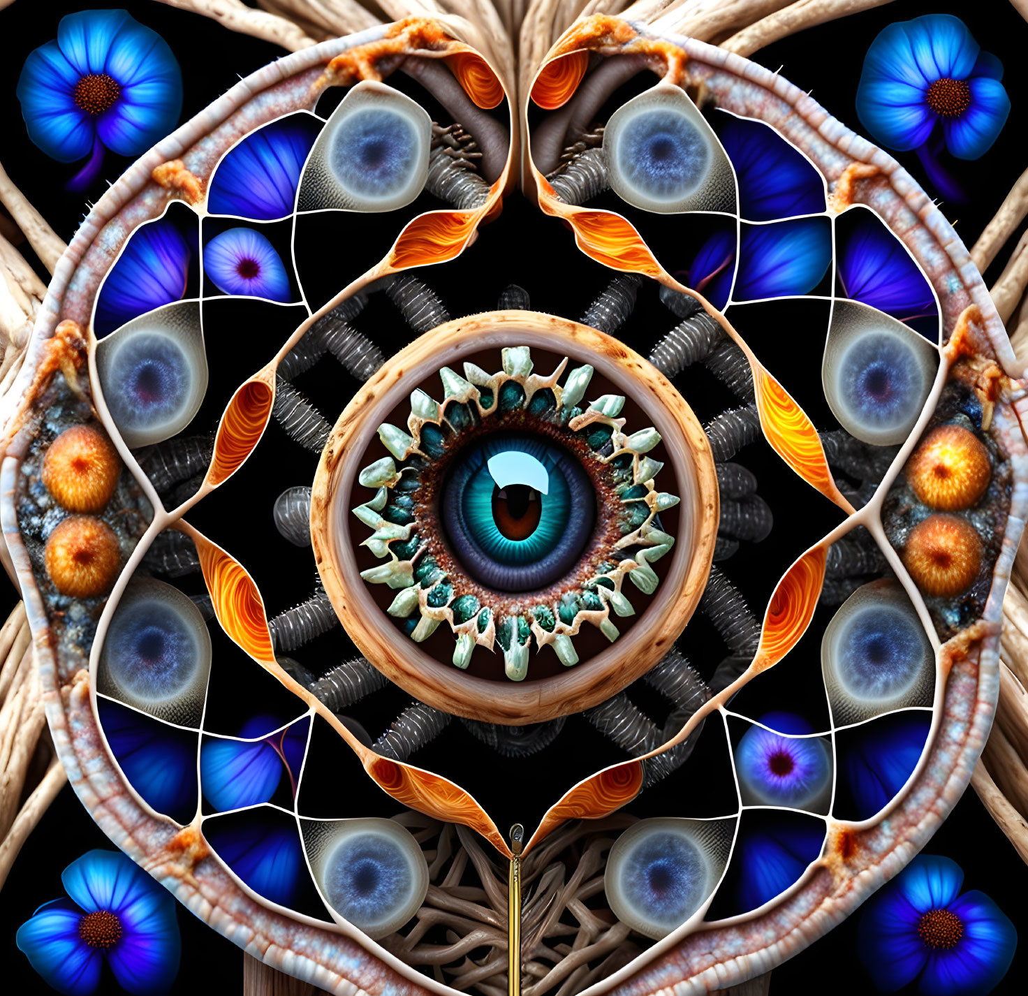 Detailed digital artwork: Realistic eye with floral and feather patterns in kaleidoscopic design