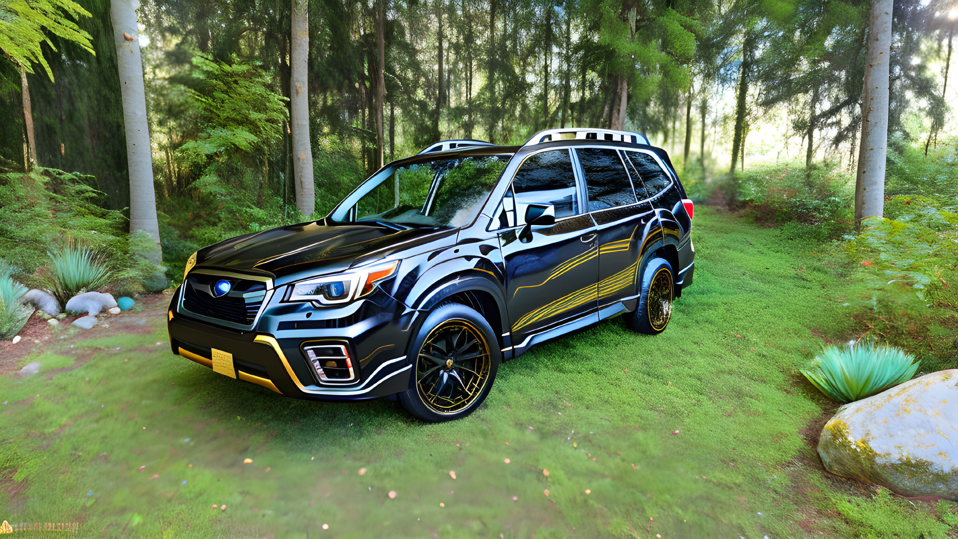 Customized Black SUV with Blue and Gold Accents in Lush Forest Setting