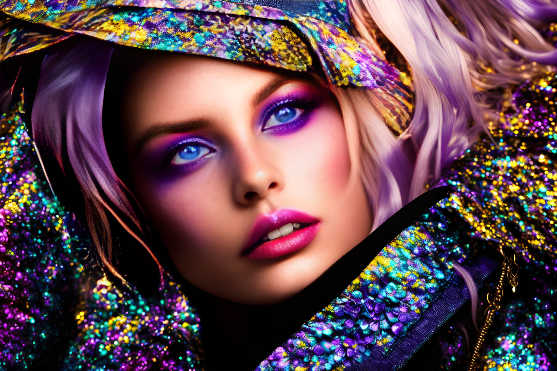 Bold Purple Makeup & Multicolored Outfit on Woman