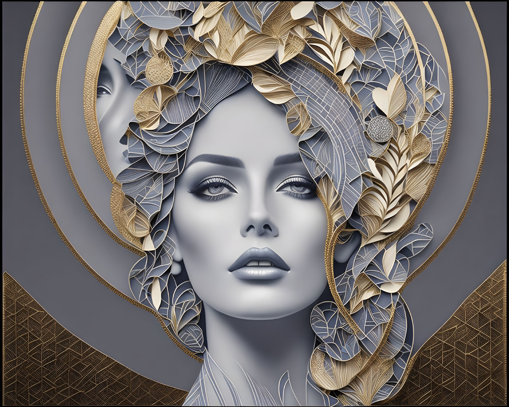 Digital artwork: Woman with metallic leaves in hair, dual-faced silhouette on patterned background