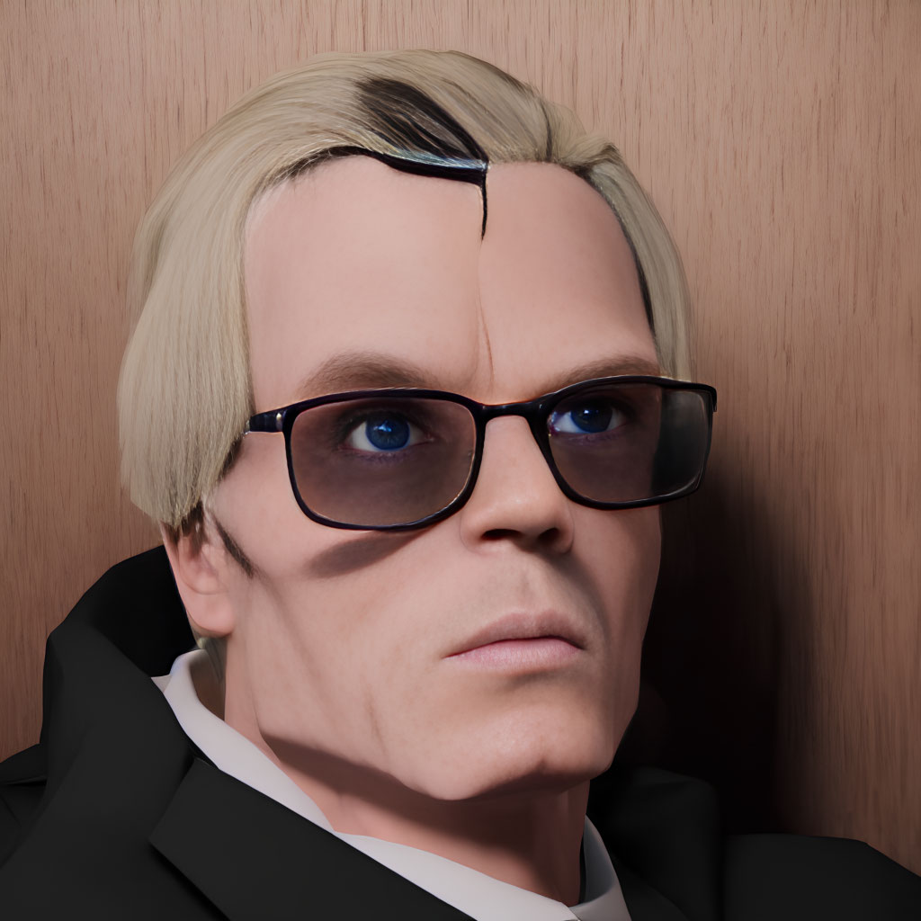 Portrait of a person with pale complexion, square-framed glasses, and slicked-back blonde hair