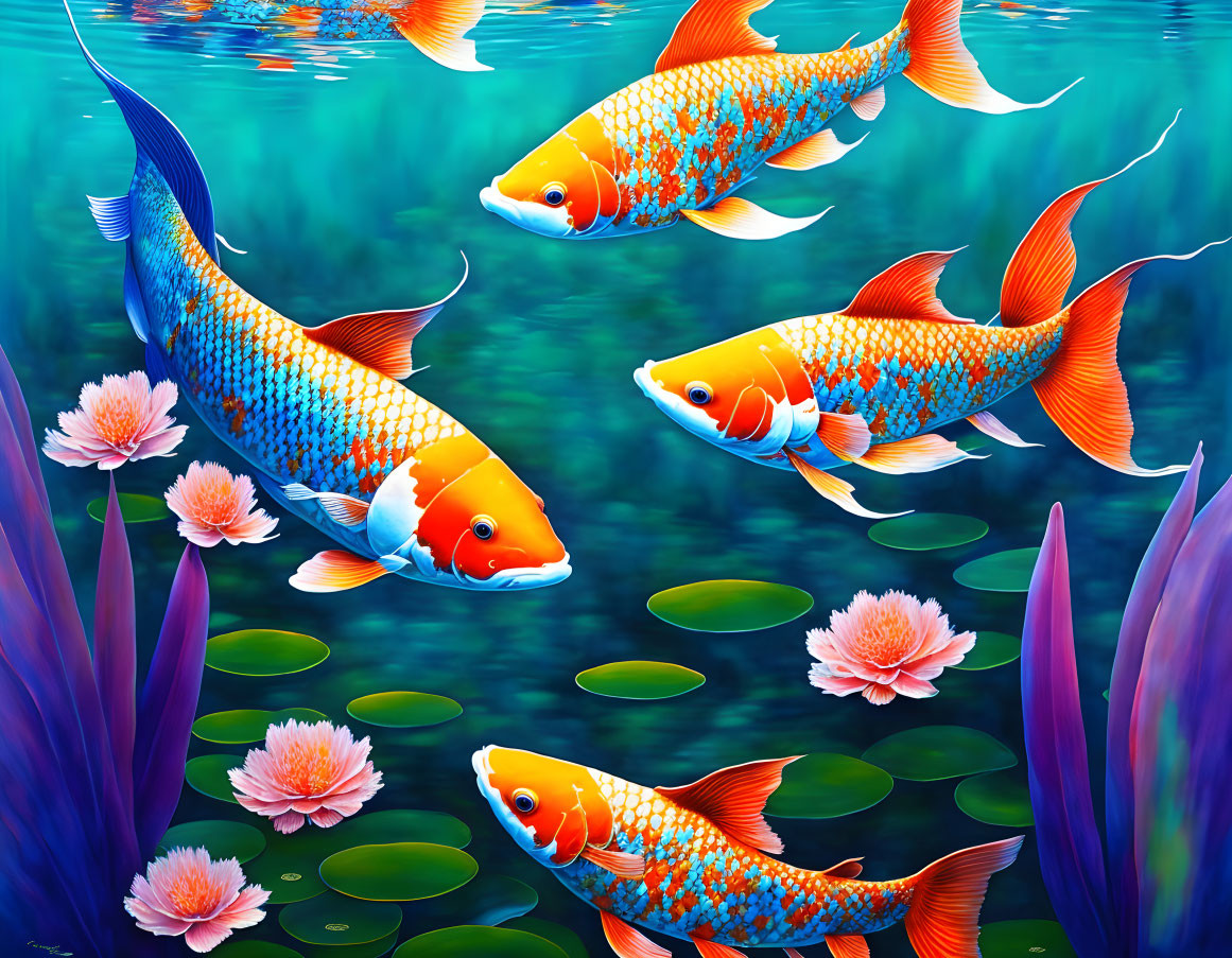 Colorful Illustration: Orange Koi Fish and Pink Water Lilies in Blue Pond