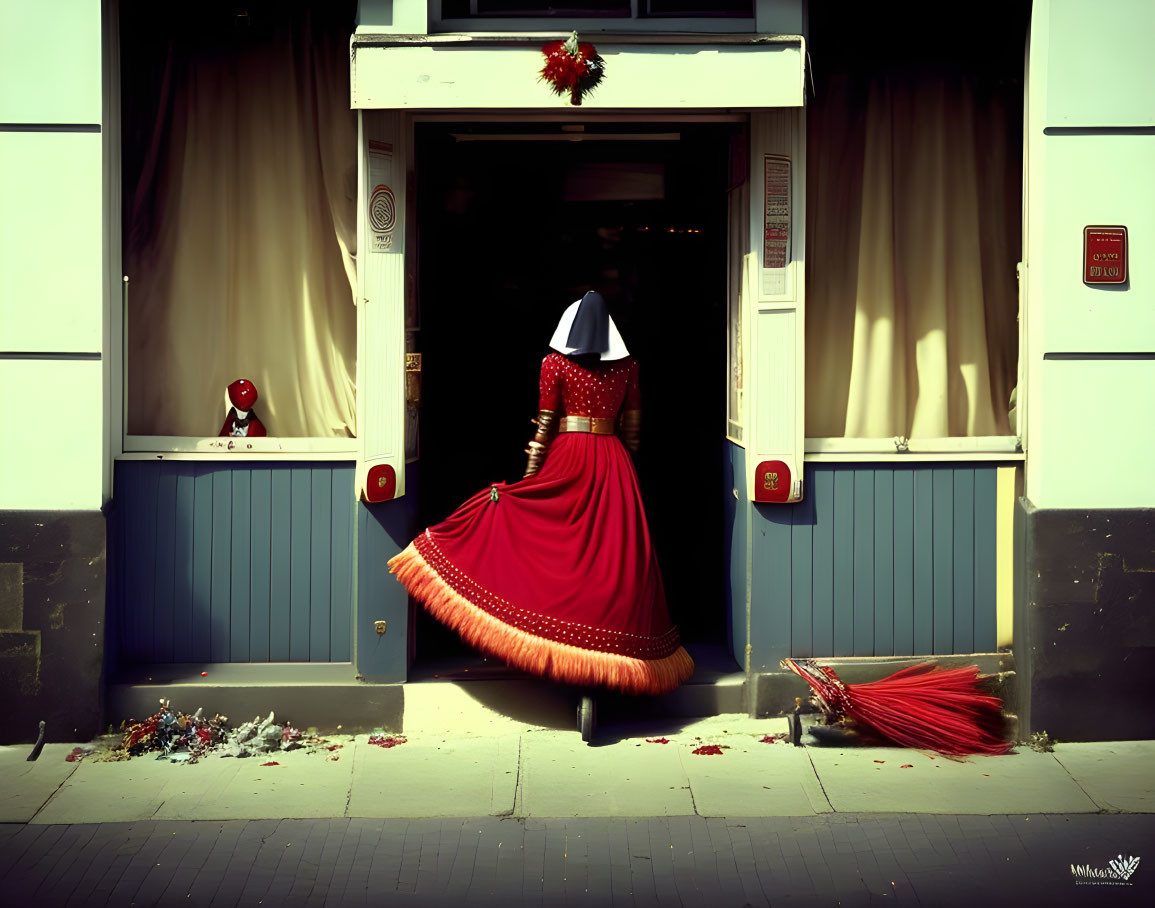 Person in vibrant red dress and wide-brimmed hat at shop entrance with skirt in motion.