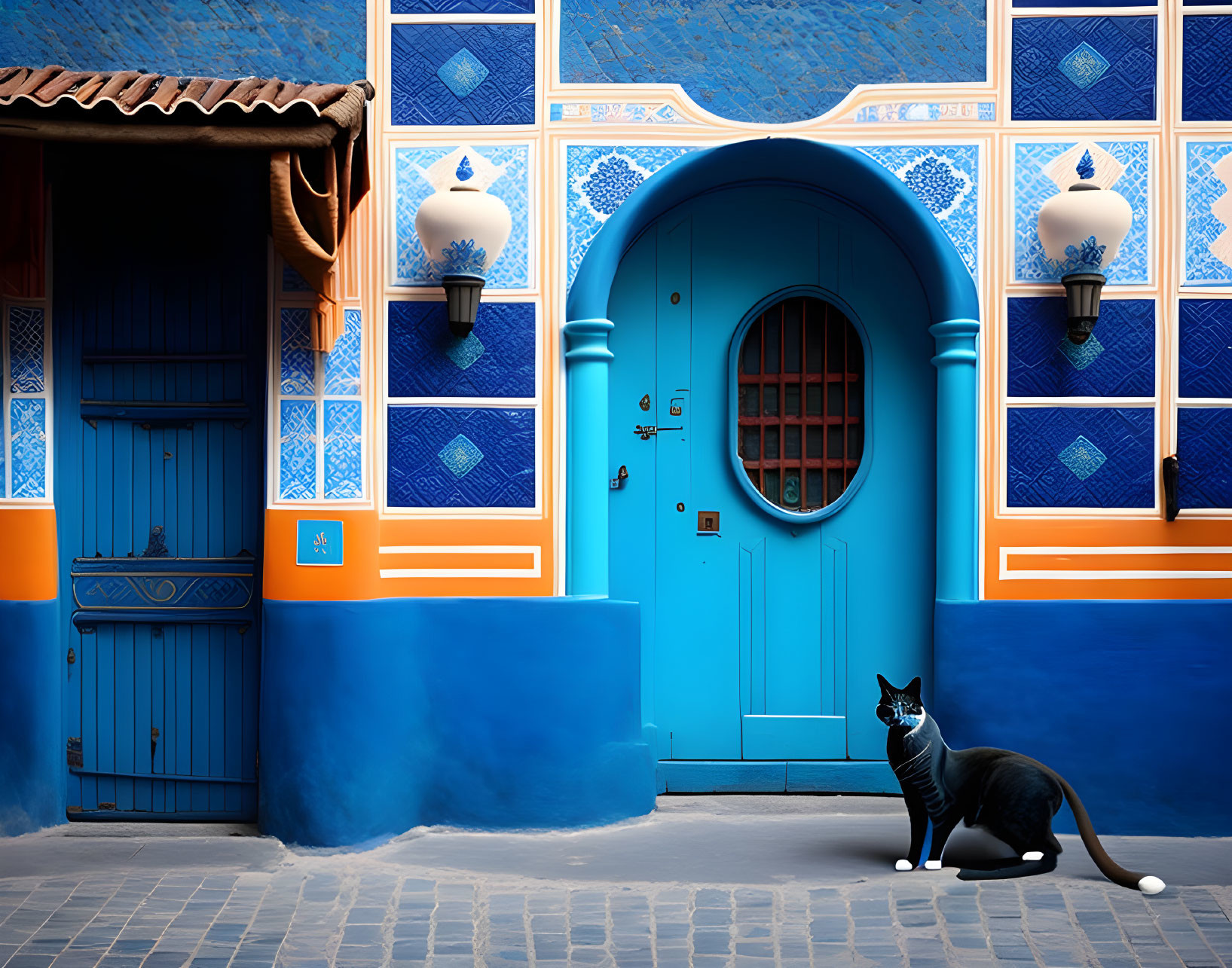 Black cat in front of vibrant blue wall with white and blue tiles, blue arched door, and